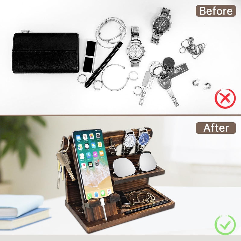 Nightstand Organizer with Phone Docking Station and Desk Organizer - Brown Wooden Gift for Men and Dad