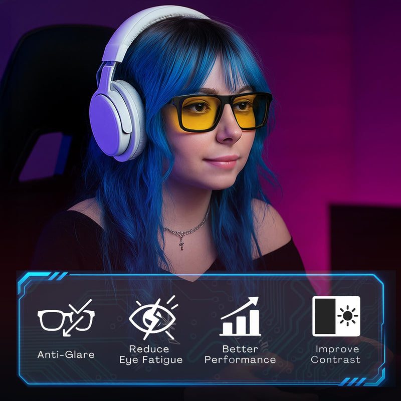 HD Premium Gaming and Computer Screen Yellow Tint Glasses Blue Light Blocking 86% Reduce Glare Anti Eyestrain P1a Matte Black