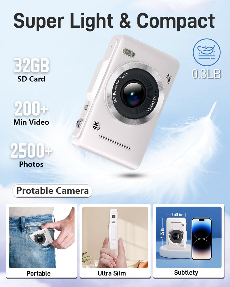Digital Camera, FHD 1080P Kids Camera Digital with 16x Zoom Anti Shake, 32GB Card, 4K 48MP Portable Compact Point and Shoot Cameras, Vintage Small Camera for Teens Beginner Kids Present White