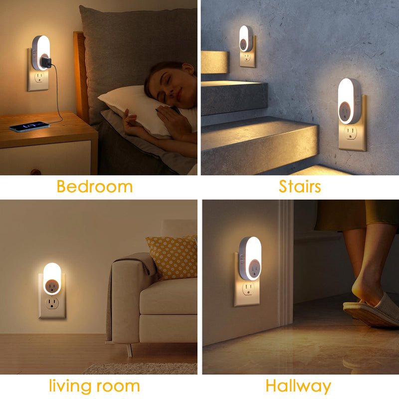 Dawnrise Night Lights Plug Into Wall,Dusk to Dawn Sensor Night Light with Power Outlet,CCT 2200K/4000K,5/20LM Adjustable Brightness for Bedroom,Kitchen,Living Room,Office (4 PK) 4 PK
