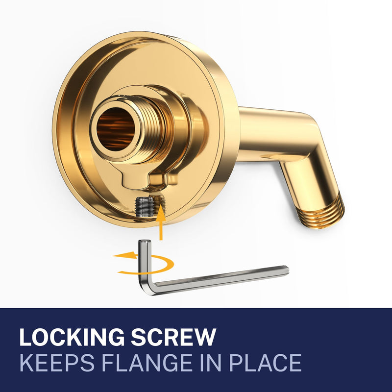 HammerHead® Solid Metal Shower Arm and Flange - 7.5 Inch 304 Stainless Steel Extension Pipe - Universal Shower Head Arm with Flange and Locking Screw, Polished Brass