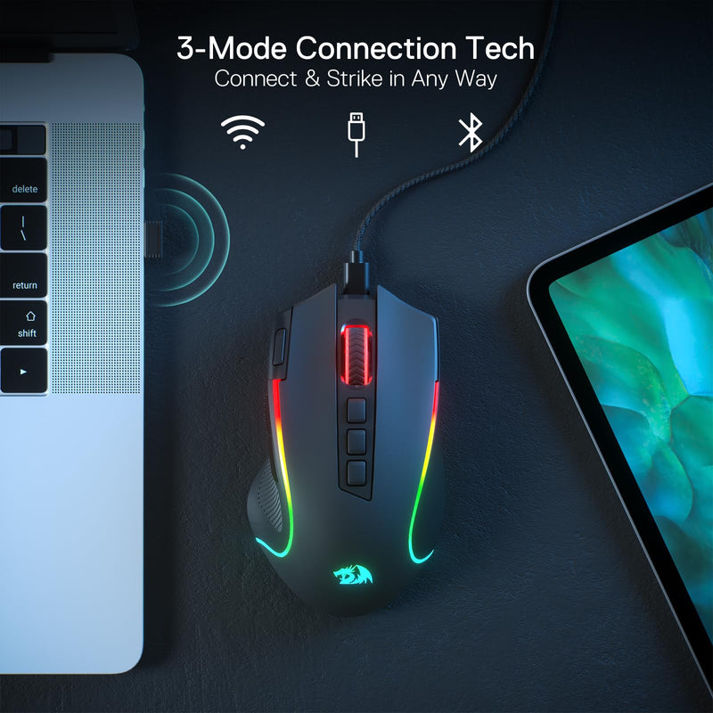 Redragon M612 PRO RGB Gaming Mouse, 8000 DPI Wired/Wireless Optical Gamer Mouse with 9 Programmable Buttons & 7 Backlit Modes, BT & 2.4G Wireless, Software Supports DIY Keybinds Rapid Fire Button Black