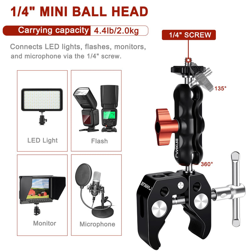 Super Clamp Camera Mount with Double Ball Head Adapter for Ronin-M/Ronin MX/Insta360/Gopro/DJI Action - 2 Pieces, Max Load 4.4lb/2kg