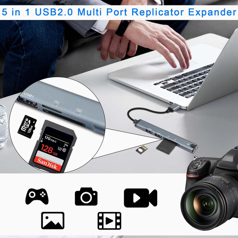 QIANRENON 5 in 1 USB Docking Station Hub USB 2.0 to USB 2.0 TRRS 3.5mm Audio TF/SD Card Reader Multi Function Port Replicator Adapter, for Laptop TF/SD Memory Card ISO 4 Pole Headphone