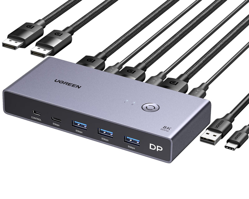 UGREEN 8K Displayport KVM Switch DP 1.4 with 4 USB 3.0 Ports (3 USB-A + 1 USB-C) Bundle with UGREEN VESA Certified 8K DisplayPort Cable 6.6FT, DP 1.4 Cable