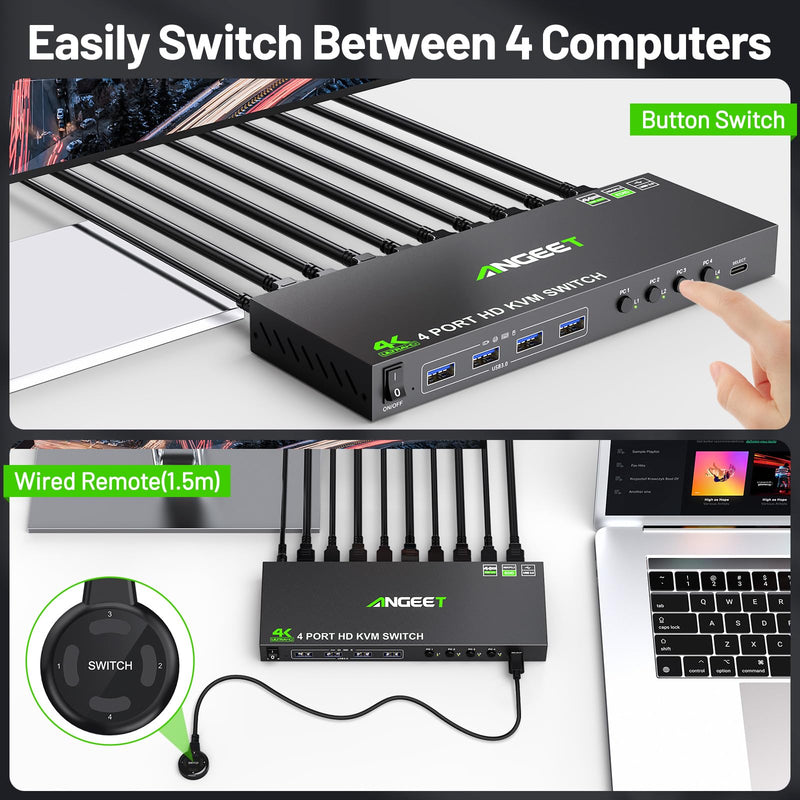 4 Port HDMI KVM Switch 4K@60Hz, Simulation EDID, ANGEET USB3.0 KVM Switches for 4 Computers Share 1 Monitor and Keyboard Mouse Printer, with Wired Remote,12V Power Adapter and 5 Cables KVM 1 Monitor 4 PC