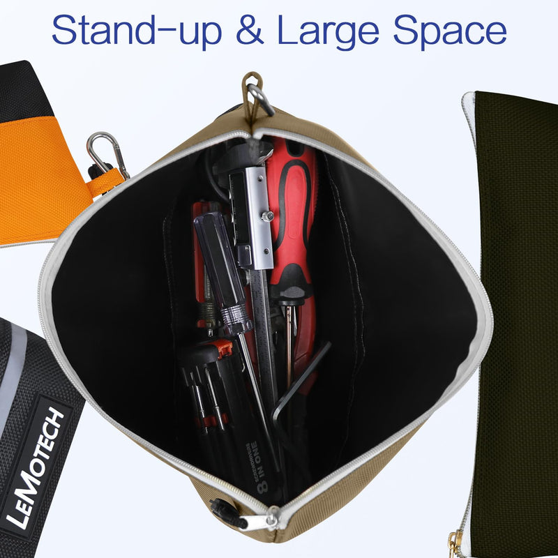 LeMotech Zipper Tool Bag with Carabiners, Water Resistant Stand-Up Utility Pouch Heavy Duty 1680D Oxford, Multipurpose Storage Pouch, 9 Pack 9 Pack Combo