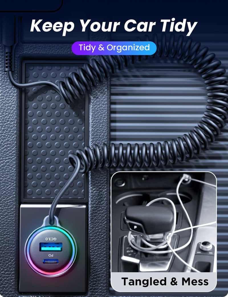 USB C 60W Super Fast Car Charger PD& QC3.0 with 5ft 30W Type C Coiled Cable, Car Phone Charger Adapter for iPhone 15 Pro Max Plus, Samsung Galaxy S24/S23/S22, Google Pixel/Moto/LG/Android, iPad Pro… Black