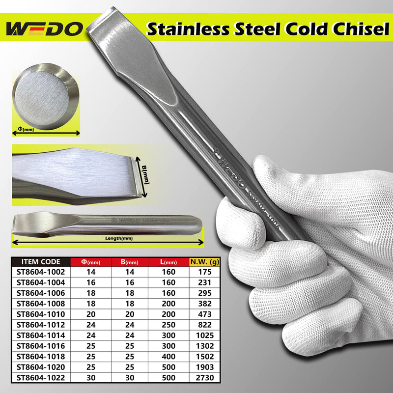 WEDO Cold Chisel,Stainless Steel Flat Chisel,Blade 18mm,Wood Chisel,Length 200mm,Anti-Corrosion,High Strength,Polished Surface,Rust-proof 18mm x 200mm