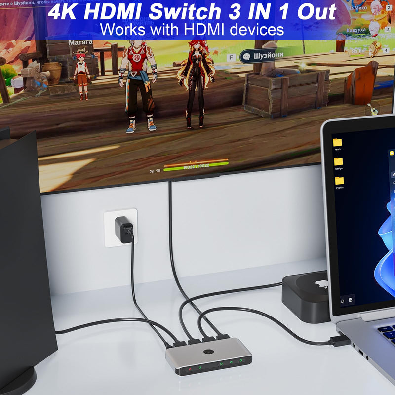 HDMI Switcher 3 in 1 Out, 3 Port HDMI-Splitter with IR Remote Switcher Selector Box Support 4K@60Hz, Plug and Play Compatible with PS 5/4/3 Xbox Switch Roku TV Fire Stick