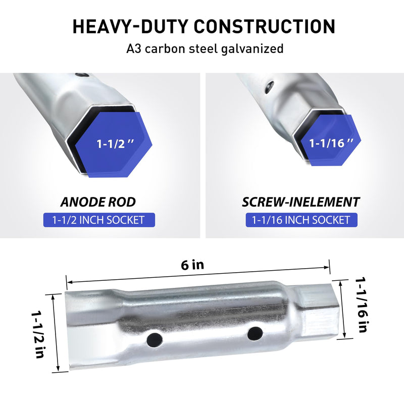 1 PK RV Water Heater Element Wrench Socket(screwdriver included), Dual Anode Rod Hex Wrench Removal Tool,1-1/16 in x 1-1/2 in x 6 in Hex Socket for All RV Camper Travel Trailer Motorhome & Residential Silvery