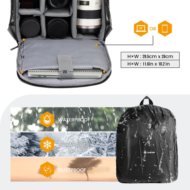 TARION Camera Backpack Bag Small - Professional DSLR Camera Bag Photography Backpack with 13“ Laptop Compartment & Waterproof Rain Cover & Tripod Holder for Photographers (Black TB-S) Black