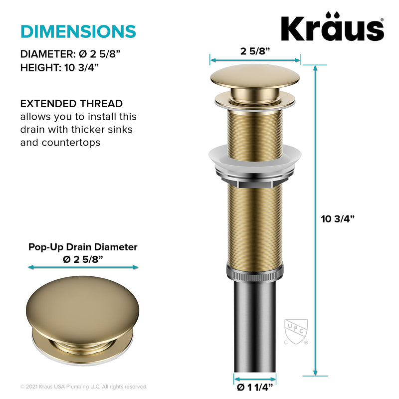 KRAUS Bathroom Sink Pop-Up Drain Assembly in Brushed Gold for Vessel Sinks and Sinks without Overflow, with Extended Thread for Thicker Countertops, PU-L10BG 10 3/4 Inch