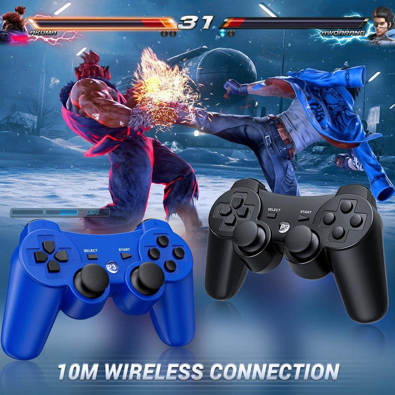 OKHAHA Controller 2 Pack for PS3 Wireless Controller for Sony Playstation 3, Double Shock 3, Bluetooth, Rechargeable, Motion Sensor, Remote for PS3 (No Stripes(Black + Blue)) No Stripes(Black + Blue)