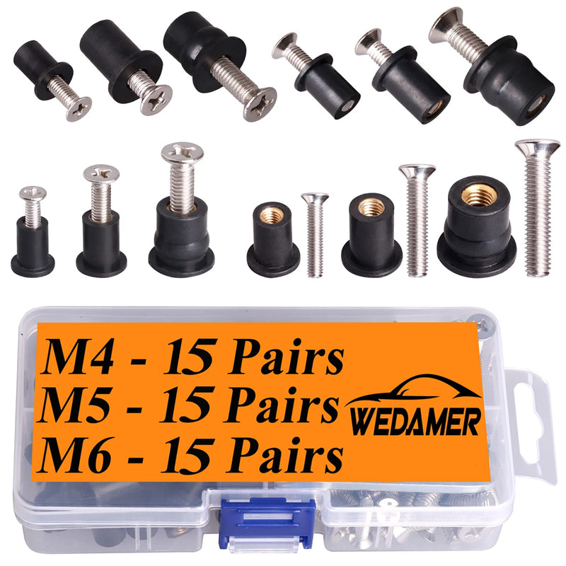 WEDAMER 45 Pairs M4 M5 M6 Neoprene Well Nuts with Stainless Steel Screw M5 Rubber Well Nuts Kayak Brass Copper Bolts Well Nut Kit for Kayak Motorcycle Boat Marine Windscreen Accessories (M4 M5 M6) M4 M5 M6 each 15 Pairs