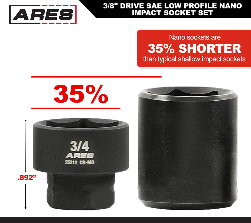 ARES 29019 – 10-Piece 3/8-Inch Drive SAE Low Profile Nano Impact Socket Set – Impact Grade Sockets Offer Greater Clearance Than Typical Shallow Sockets – Includes Aluminum Storage Rail 10-Piece SAE Nano Impact Socket Set