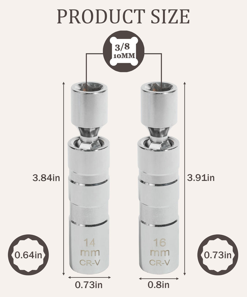 RACOONA Spark Plug Socket Set,14mm&16mm Thin Walled Spark Plug Socket,Car Accessories Universal Joint 3/8-Inch Drive 12 Point Magnetic Swivel Socket Removal Tool,Compatible with Motorcycle,Car,SUV