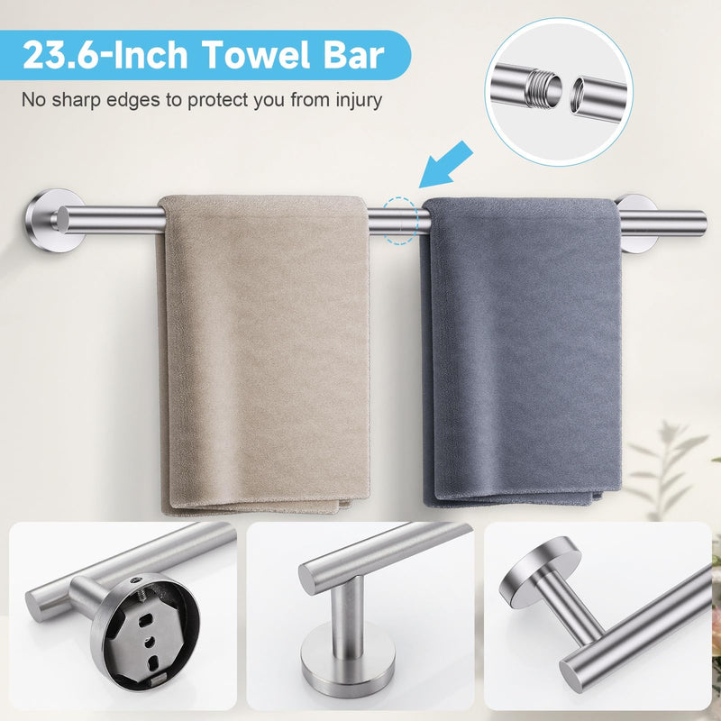 Brushed Nickel Towel Bar Set, 5-Piece Bathroom Hardware Accessories Set with Smiley Face Towel Rings, Stainless Steel Wall-Mounted Towel Holder Set for Bathroom,23.6 Inch Brushed Nickel