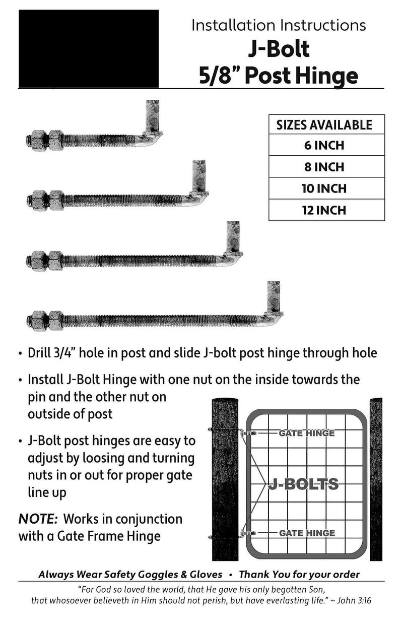 J-Bolt Post Hinge 8" - Hinge Bolts Thru the Post Includes Nuts - J-Bolt Hinge has 5/8" Male Pin - Fence Bolt Though Post Hinge - Quantity 2 8" 2 Pack