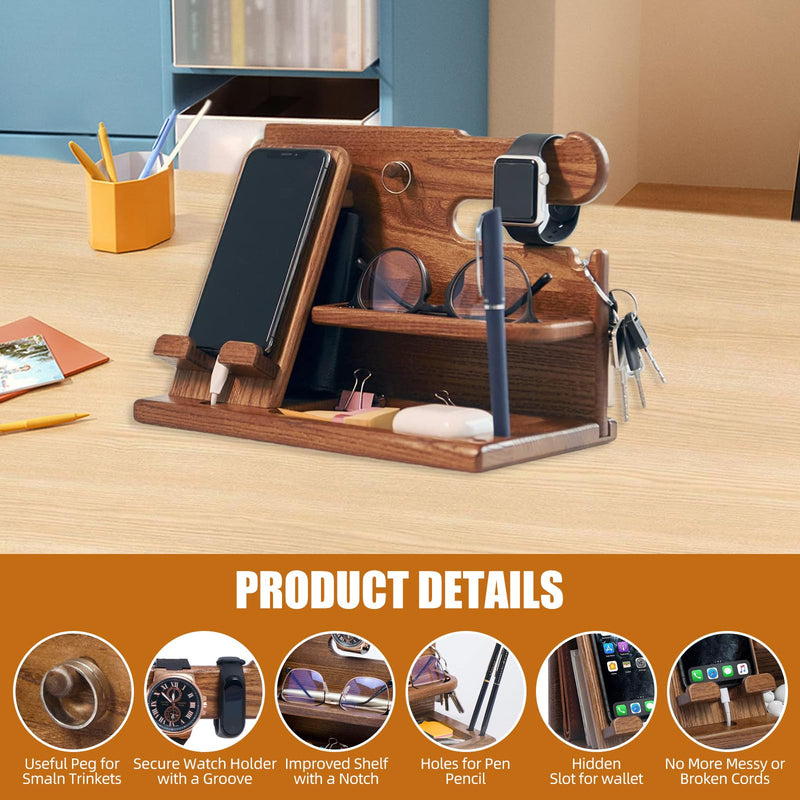 Wood Phone Docking Station for Men, Simple and Elegant Nightstand Organizer, Multifunctional Desk Organizers and Accessories, Watch Organizer and Headphone Holder, Birthday Gifts for Men
