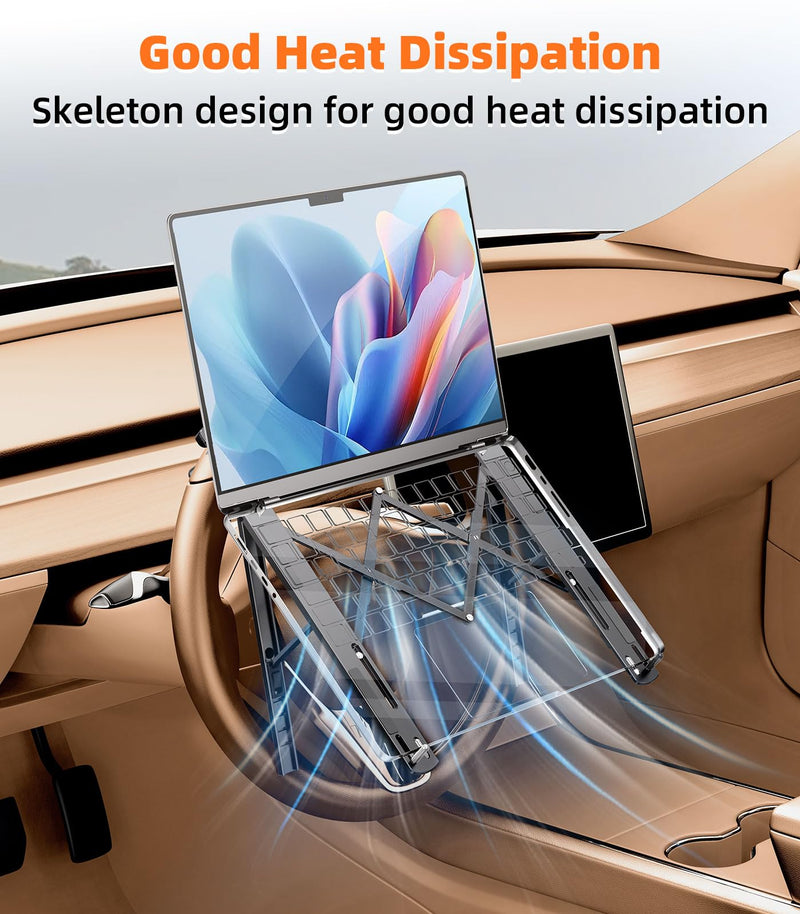 Car Laptop Mount Steering Wheel Tray Holder, Height Adjustable Car Desk for Laptop Computer Tablet, Foldable Portable Lap Laptop Stand for Car Vehicle Workstation Accessories Truck SUV Tesla Metallic Gray