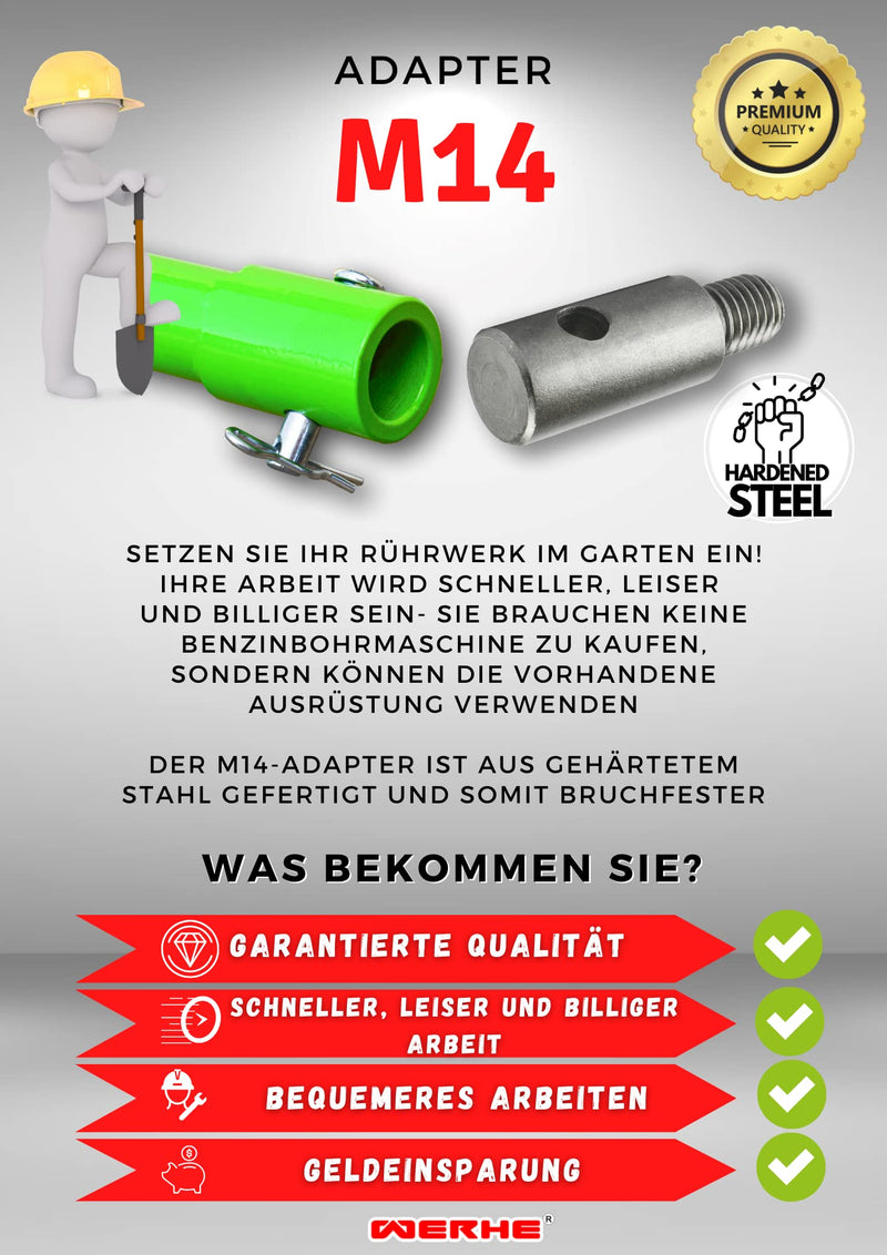 WERHE M14 Adapter for Earth Drill, High Carbon Steel Agitator Adapter for Garden | Compatible with Bosch, Makita, Einhell Drills for Fences, Posts and Trees, 6 x 2 x 2 cm, 100 g, Rustproof