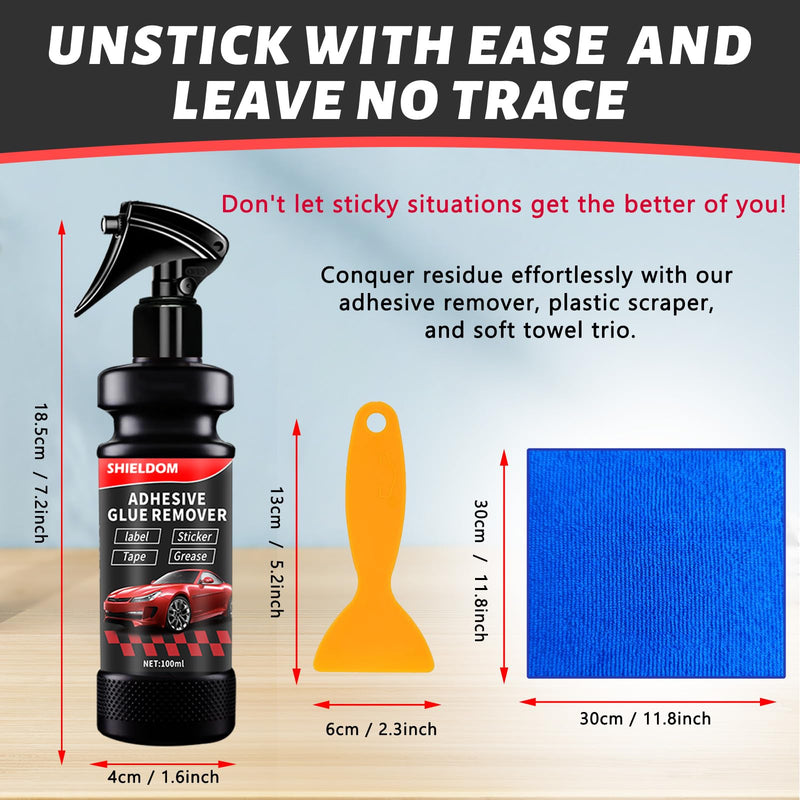 Adhesive Remover, Dissolve & Soften Adhesives on Car Glass & Paint, Easily Remove Glue Sticker Labels Decals Tape Residue, Portable Spray Removal Set with Spatula & Towel - 3.4oz/100ml