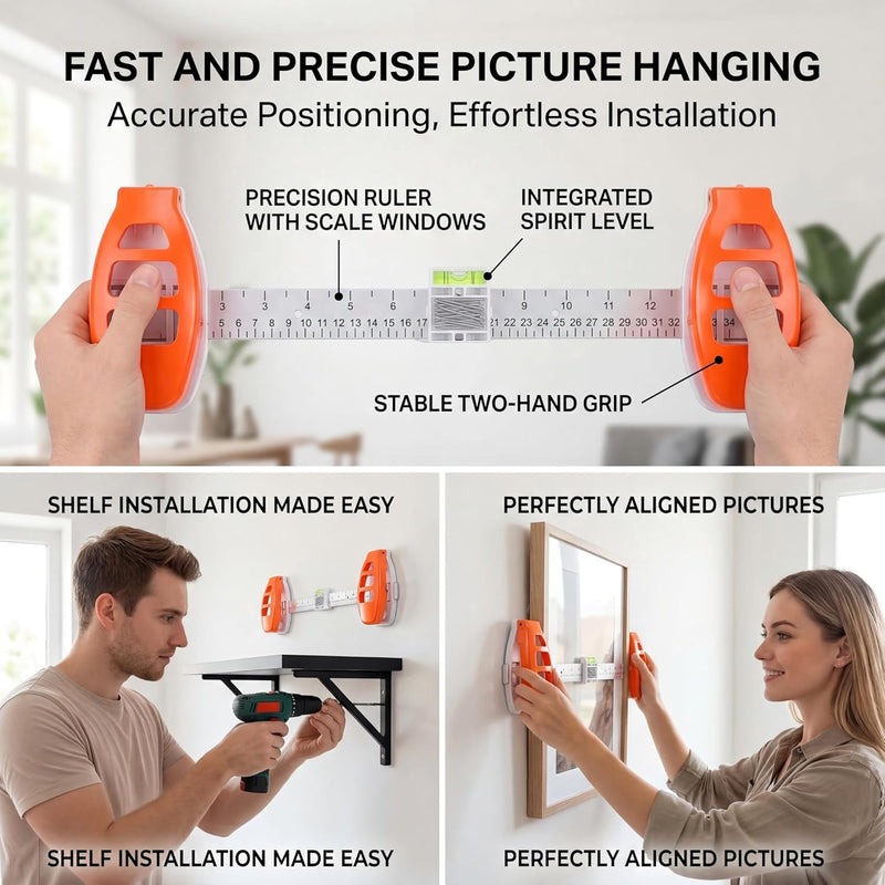 Level Ruler Picture Hanging Tool with Spirit Level, 3-in-1 Precision Ruler with Marking Function, with Built-in Spirit Levels, Perfect for Aligning Frames, Mirrors, Shelves and Wall Art