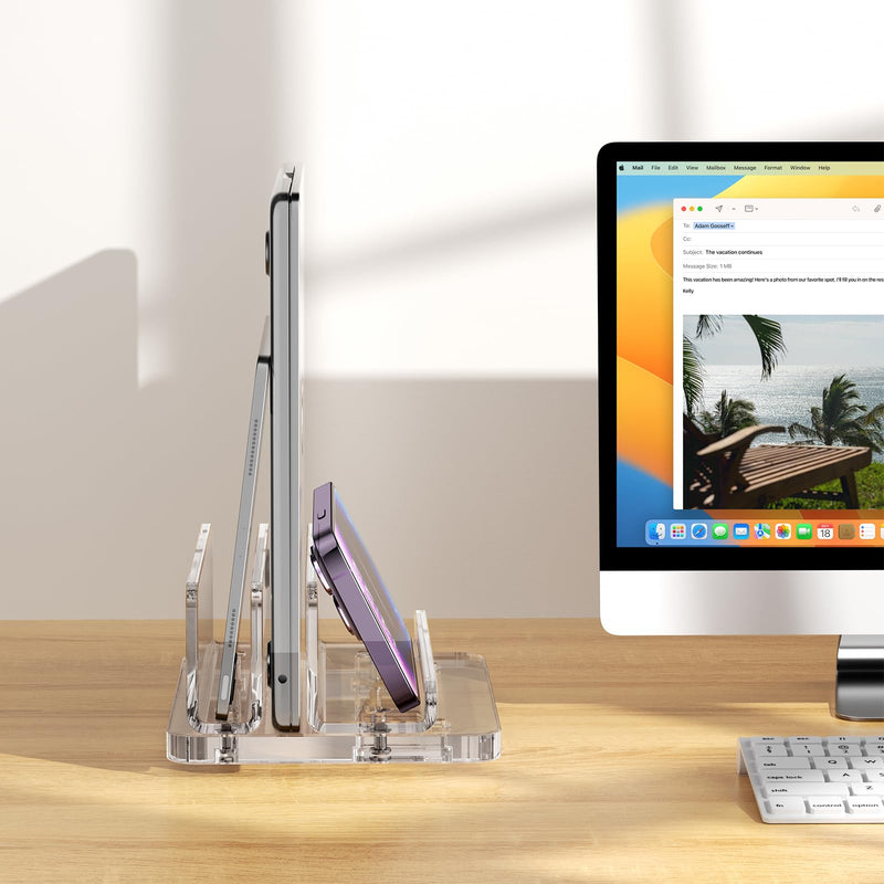 Acrylic Vertical Laptop Stand, 3-in-1 Design with Adjustable Slot Width, Suitable for Desktop Space Saving, Supports MacBook, iPad, iPhone, Chromebook, Surface, Samsung, etc Transparent (laptop stand)