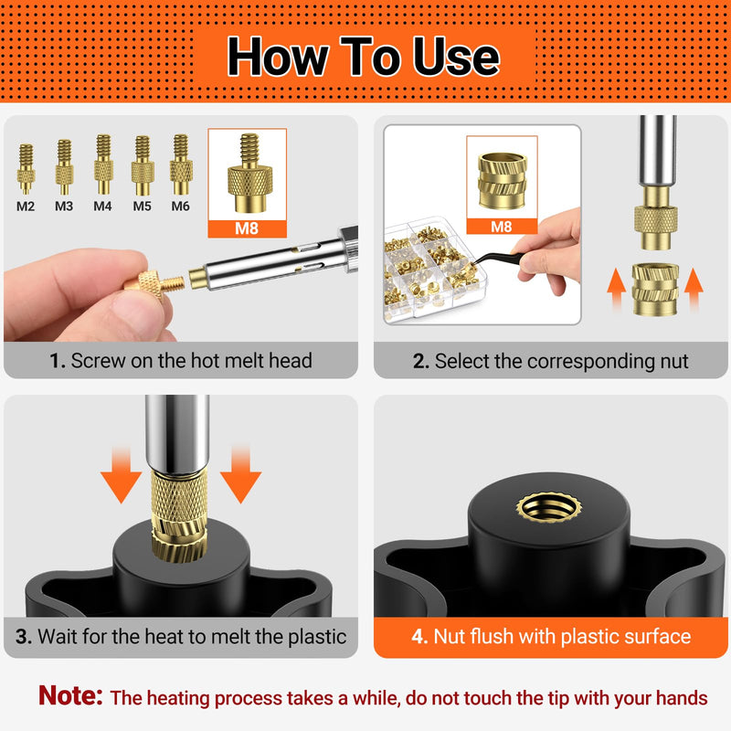 Preciva Threaded Inserts Soldering Tips Set, 6-Piece Soldering Tips for Thread Insert + 350 Pieces Thread Inserts M2/M3/M4/M5/M6/M8