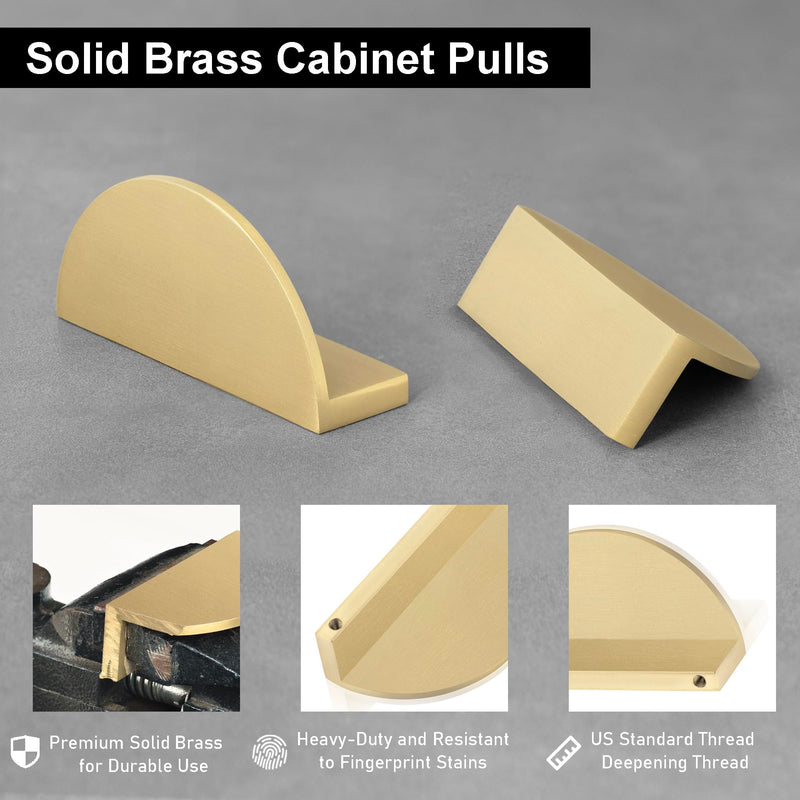 QOGRISUN 5-Pack Solid Brass Cabinet Pulls, Gold Half Moon Drawer Dresser Handles, 2-1/2-Inch Hole Center, Kitchen Cupboard Hardware, Brushed Brass Finish 2.5 Inch Hole Centers