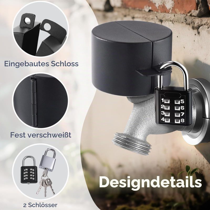 Tap Lock, Tap Set for Outdoor Use, Stainless Steel Cover for Outdoor Tap, Suitable for Garden, Room and Kitchen, Hose Lock (2 Padlocks), Black