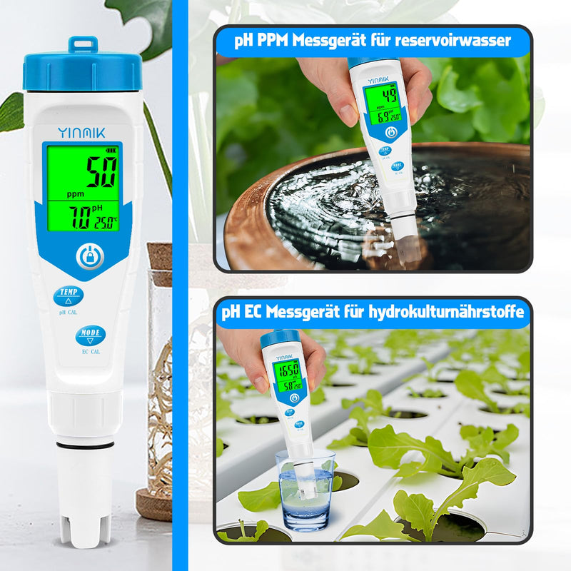 YINMIK pH Meter Water, Pool pH Salt Meter with pH Calibration Solution | pH PPM Simultaneous Display for Drinking Water, Digital pH EC Meter for Hydroponics, TDS Conductivity Tester for Koi Ponds blue pH meter
