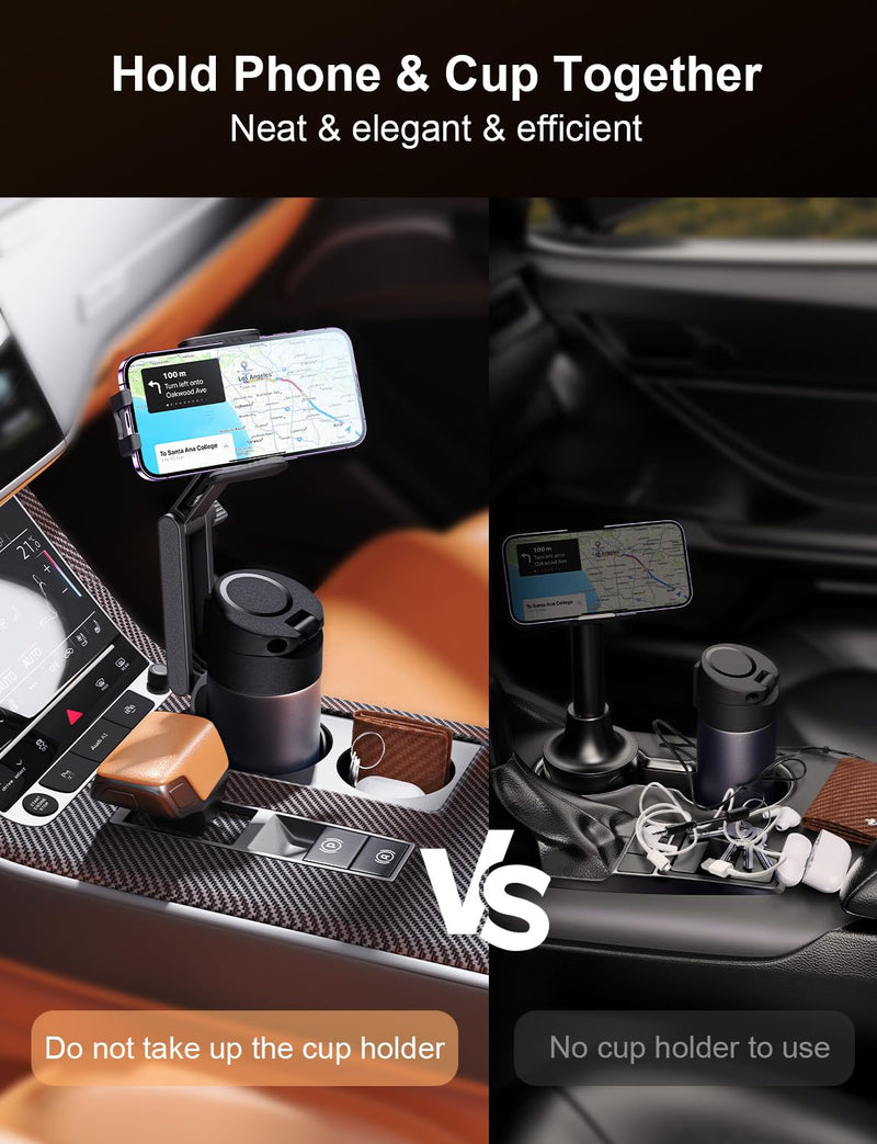 2-in-1 Cup Holder Phone Holder for Your Car Bottle Friendly Cup Cell Phone Holder Mount for Car Height Adjustable Sturdy Fit 4-7 inches Phones Black