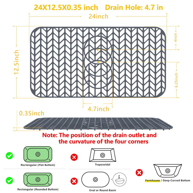 Sink Protectors for Kitchen Sink24"x12.5" 3 Reserved Holes Silicone Sink Mat | Various sizes and styles,Free-form cutting,Holes for different positions,Protector for sinks and dish,Food-grade silicone Gray 24"x12.5"