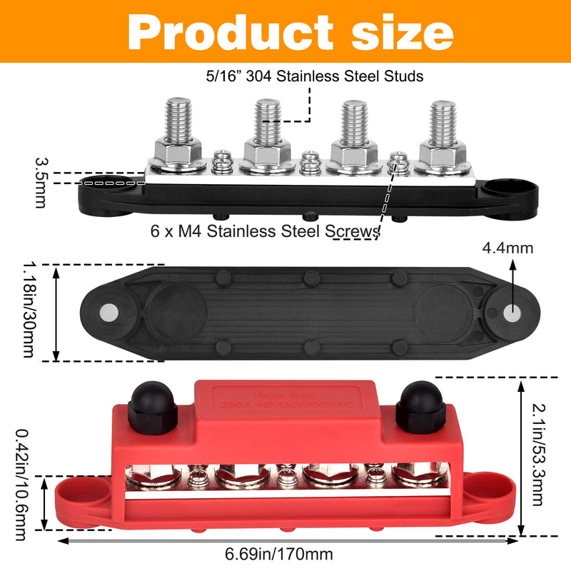 Power Distribution Block 12V 250A Bus Bar 4 x 5/16" Stud Marine, 6 x #8 Screws Terminals Block (Pair - Red & Black)