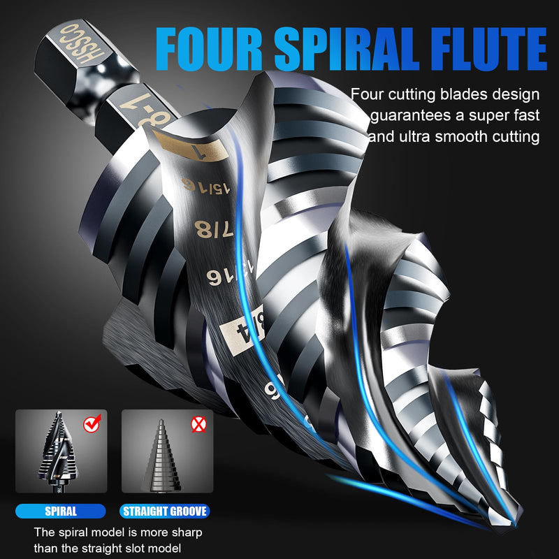 Four Spiral Flute M35 Step Drill Bit Set 1/4"-1"(3 pcs 30 Sizes), 1/4" Shank for Metal Step Drill bit, Impact Resistant Cobalt Step Drill Bit, for Stainless Steel, Wood, Aluminum, Plastic Spiral 1/4"-1"