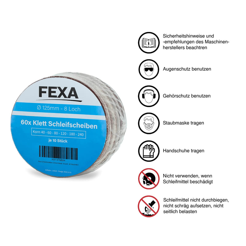 Fexa sanding discs 125mm Velcro set of 60 - Velcro sandpaper eccentric sander round - 125 mm, 40-240 grain, 8-hole - sandpaper 125mm Velcro