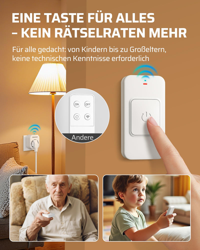 DEWENWILS Wireless Sockets with Remote Control, 16 A, 3680 W, Magnetic Design | 30 m Range Pre-programmed Wireless Socket for Lamps and Appliances White 1* Remote Control