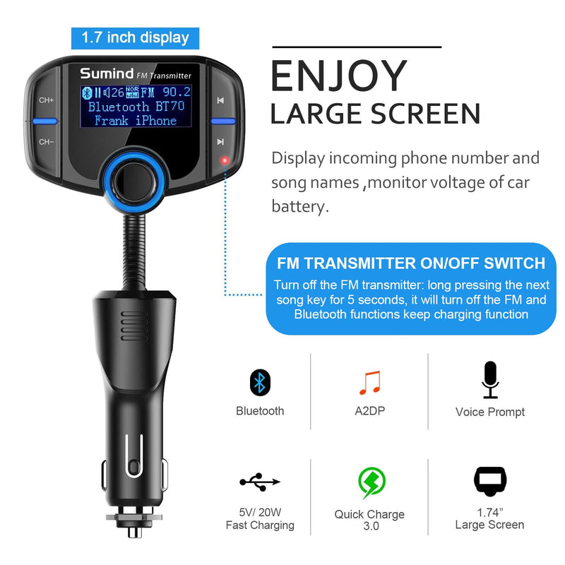 Upgraded Bluetooth FM Transmitter, Wireless Radio Adapter Hands Free Car Kit with 1.7'' Display, QC3.0 and Smart 2.4Amp Dual USB Ports, AUX Input/Output, TF Card Mp3 Player (PD, Black) PD