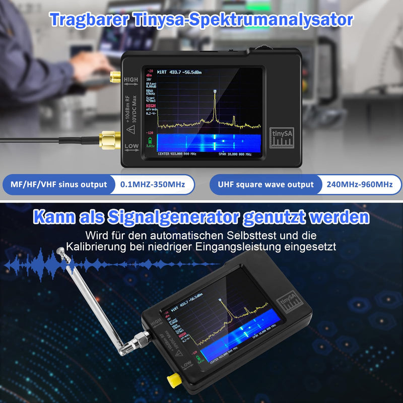AURSINC TinySA Spektrumanalysator Handheld, V0.3.1 2,8 Zoll Touchscreen, 2-in-1 Signalgenerator 100 kHz-960 MHz MF/HF/VHF UHF-Eingang, ESD-geschützte Funktion