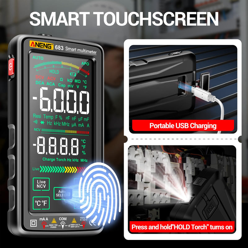 Smart Multimeter, Smart Digital multimeter Tester with Touch Screen 6000 Counts Auto Ranging Rechargeable multimeter A Reverse Display NCV Tester with Flashlight for Electricians,DIY (Black) Black