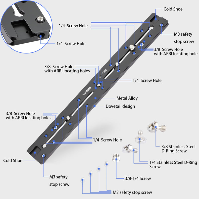 LEFTFOTO 350mm Double Dovetail Slide Rail with Arca Swiss Quick Release Plate,Locating Hole for ARRI,1/4" & 3/8" Threads,Cold Shoe - for DSLR Camera Tripod Ballhead