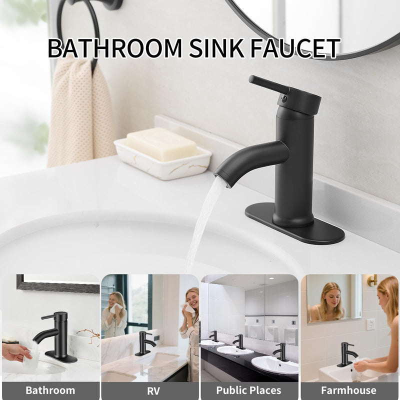 Matte Black Bathroom Faucets Single Hole Bathroom Sink Faucet | Modern Single Handle Bathroom Faucte 1 or 3 Hole, RV Sink Vanity Faucet (with Drain, Black)