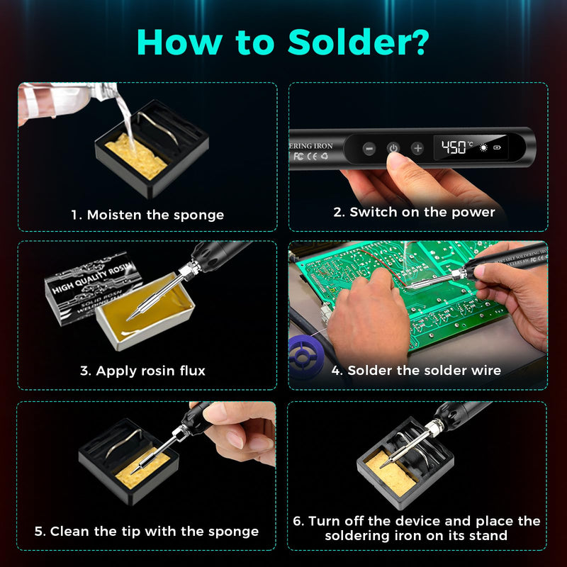 USB Soldering Iron Set with LCD, Battery Soldering Iron, Ceramic Heating Core, Adjustable Temperature 200-450°C, 3 Soldering Tips, Mini Soldering Station, Suitable for Small Repair such as Circuit Boards and Jewelery Wireless Black