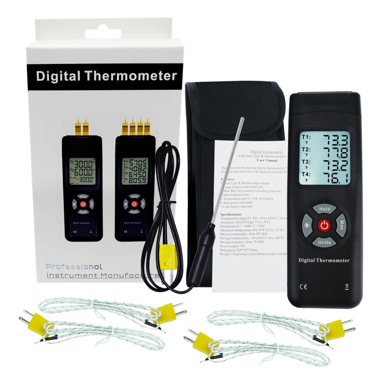 Thermometer 4 Channels K-Type Thermocouple Sensor Tester with K-Type Metal Probe, Backlight and Temperature Instrument