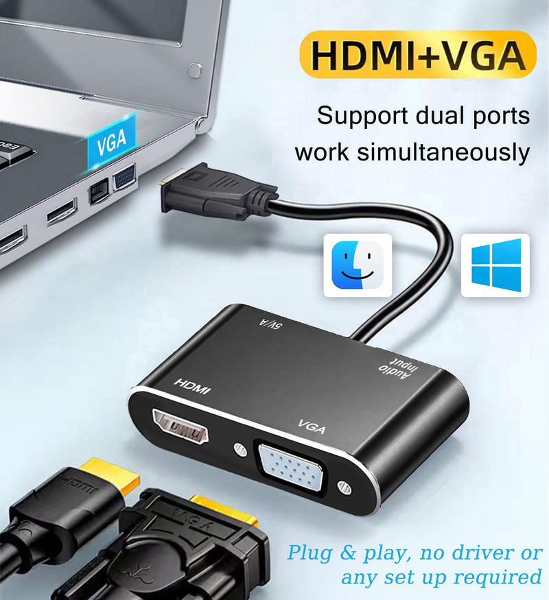 VGA to HDMI+VGA Adapter for Dual monitors, VGA to VGA, VGA to HDMI Adapter Splitter 2 IN 1,1080P@60HZ Full HD Display Video Converter for PC Laptop Link Monitor/HDTV/Projector, Fully Plug & Play
