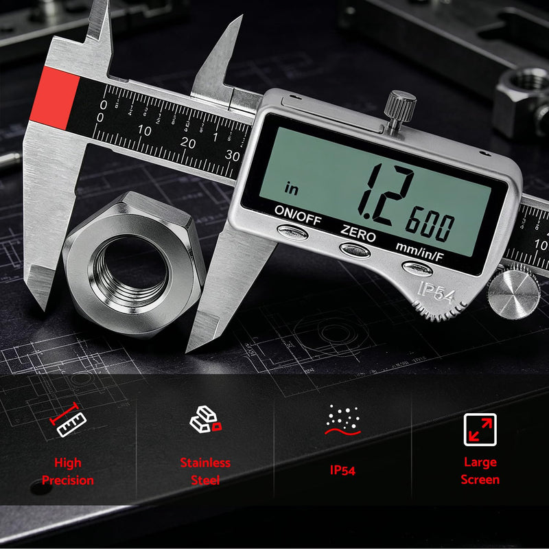 S&F STEAD & FAST Digital Caliper Measuring Tool 6 inch with Extra Large LCD Screen, Stainless Steel Micrometer Caliper Digital IP54, Measures Inch Mm Fraction for Workshop, 3D Printing DCXD6-SS-54
