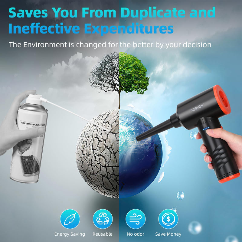 Compressed Air Duster 6000mAh Battery - Electric Air Duster Addcolor AD-38 Keyboard Cleaner for Office-3 Adjustable Wind Speeds with LED Light, Cordless & Reusable Canned Air Duster for Computers