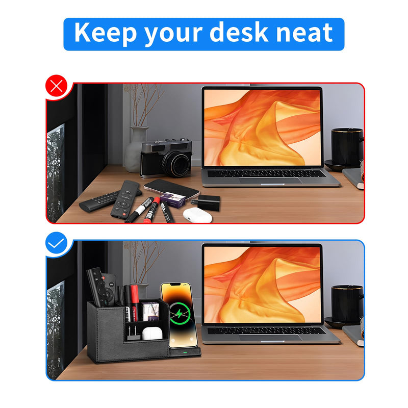 Wireless Charger with Desk Organizer, Fast Charging Station for iPhone 15 14 13 12 11 Pro Max/Samsung Galaxy S23/S22/S21/S20/Z Flip/Fold 5, Desk Phone Charger Stand Office Desktop Organizer Leather Black 1